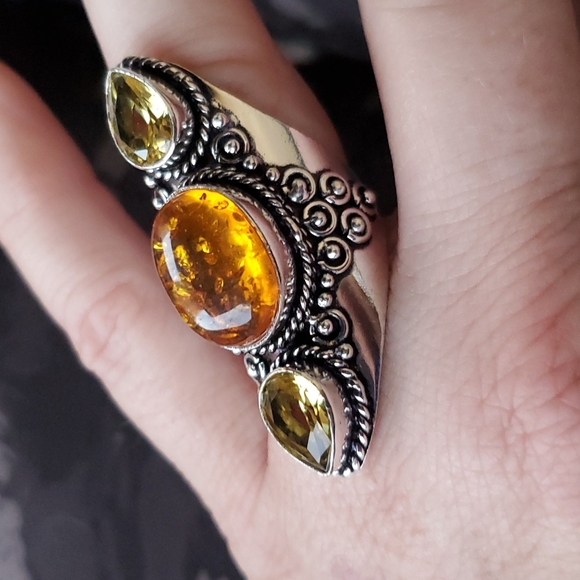 New Baltic Amber & Citrine 925 Silver Statement Ring. - Picture 1 of 16